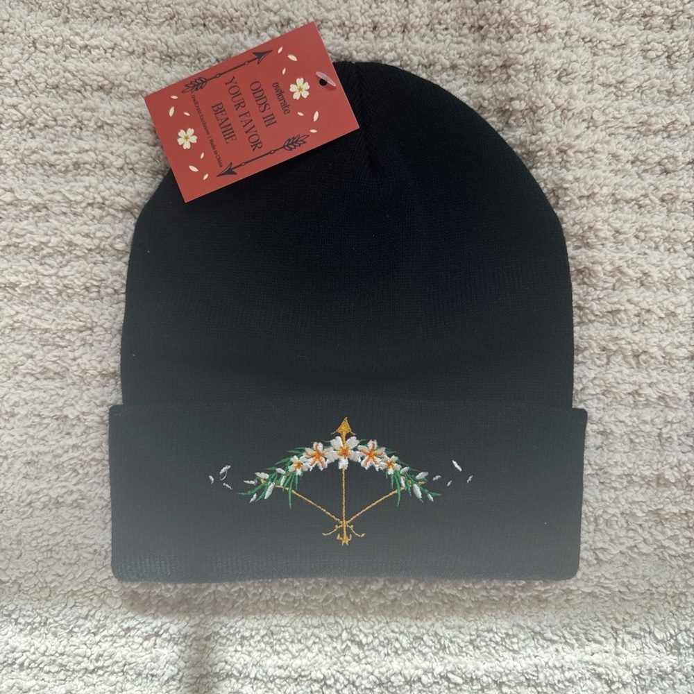 Black Beanie with Floral Embroidery